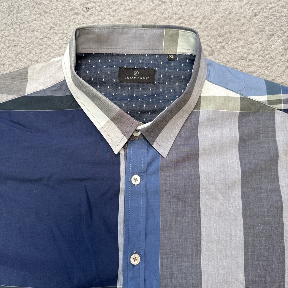 7 DIAMONDS Shirt Mens XL Blue Gray Plaid S/S Silver Soul Cotton Button Up